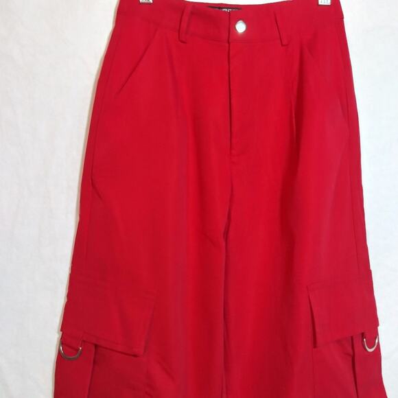Pretty Little Thing Petite Red Buckle Detail Cargo Wide Leg Pants Size 2 - Picture 2 of 8
